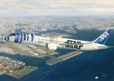 ANA 787-9 with Star Wars special livery over Tokyo