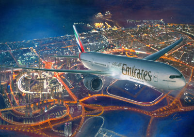 Emirates 777-300 over Dubai at night