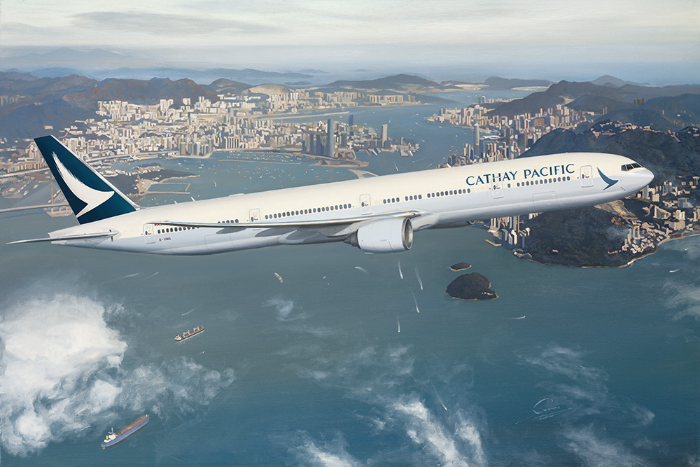 Cathay Pacific Boeing 777-300ER flying over Hong Kong
