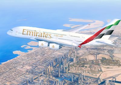Emirates Airbus A380-800 over Downtown Dubai